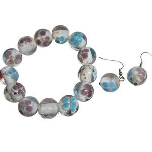 White Murano Style Glass Beaded Stretch Bracelet & Earrings